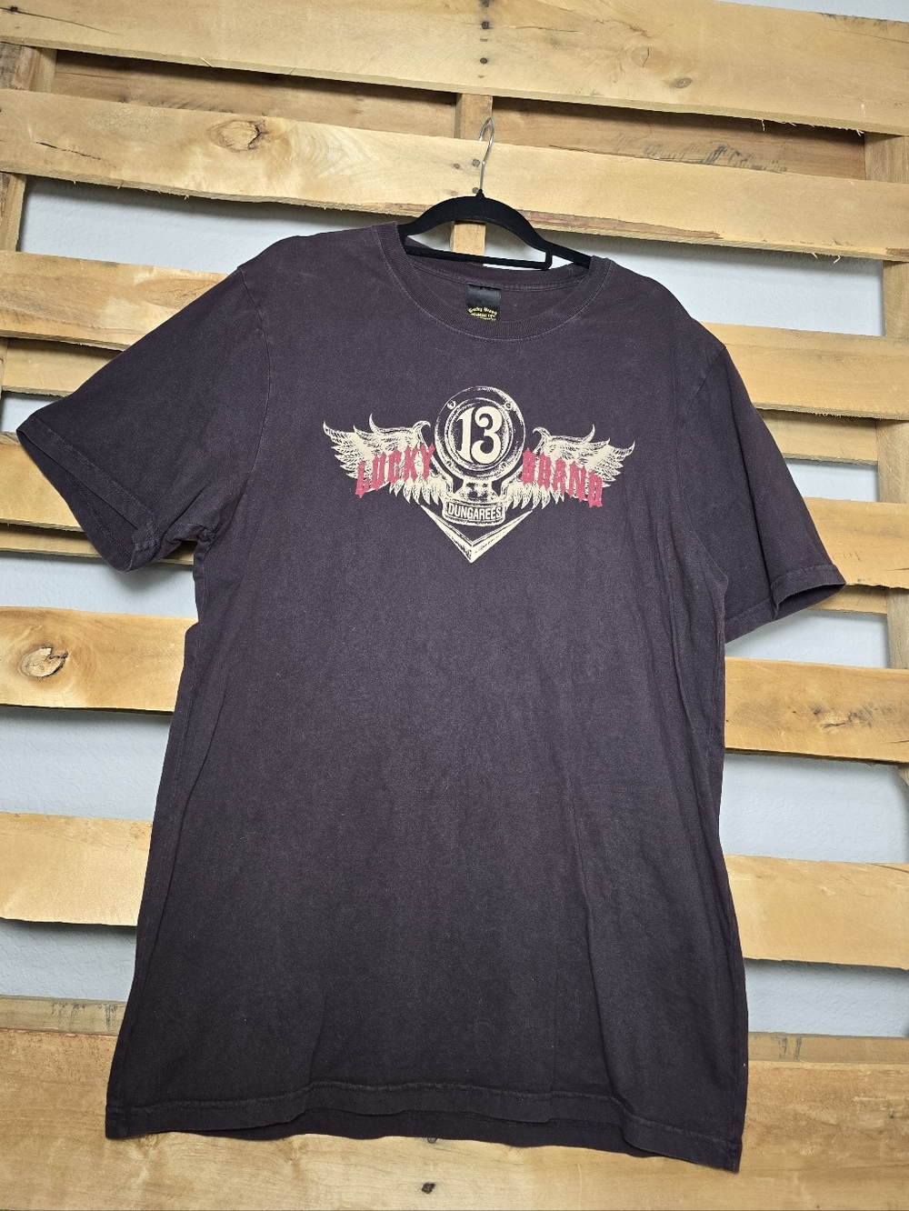 Lucky Brand Dark Brown Short-Sleeve Graphic Tee with Winged 13 Logo Size:XL